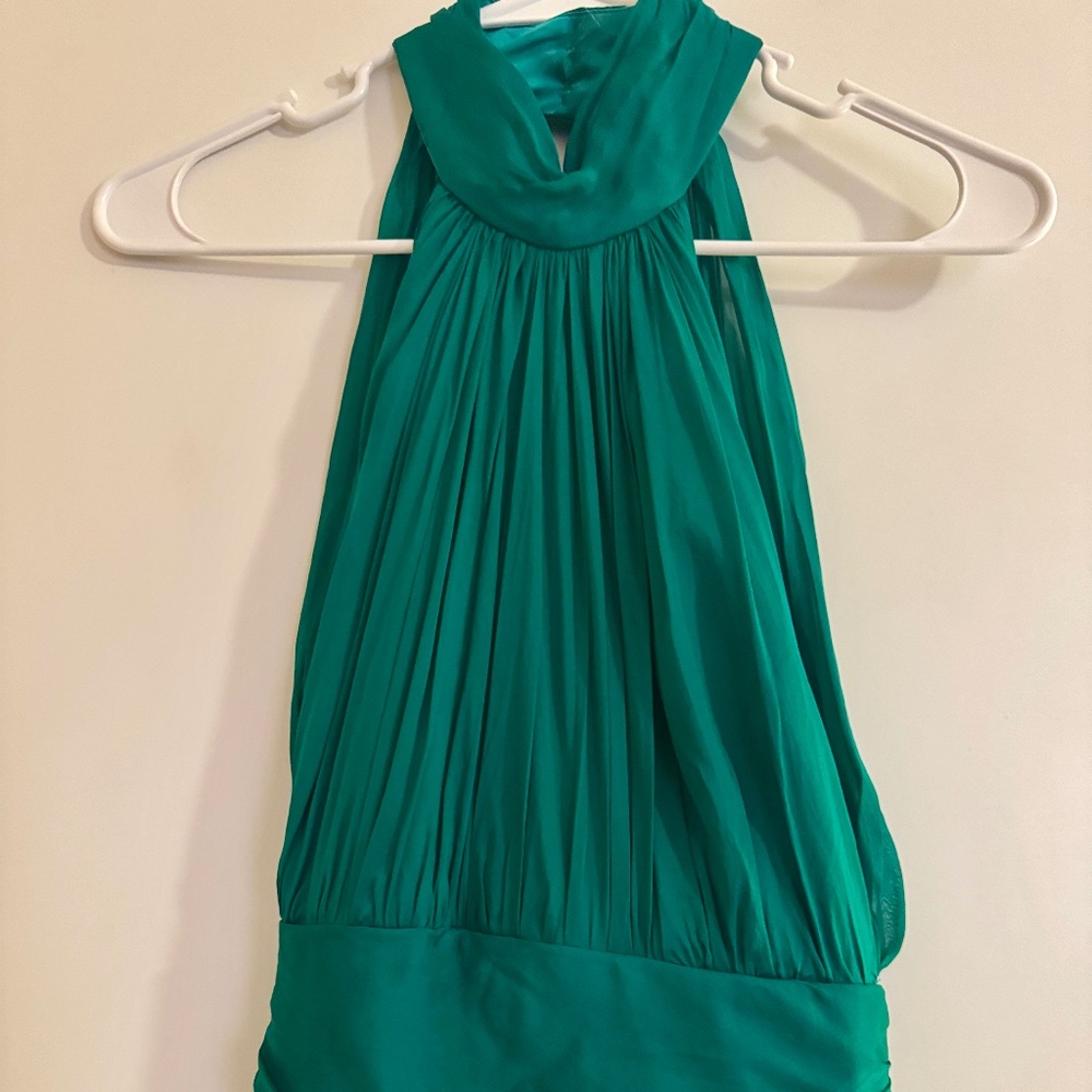 Badgley Mischka emerald green silk chiffon halter gown dress size 10
